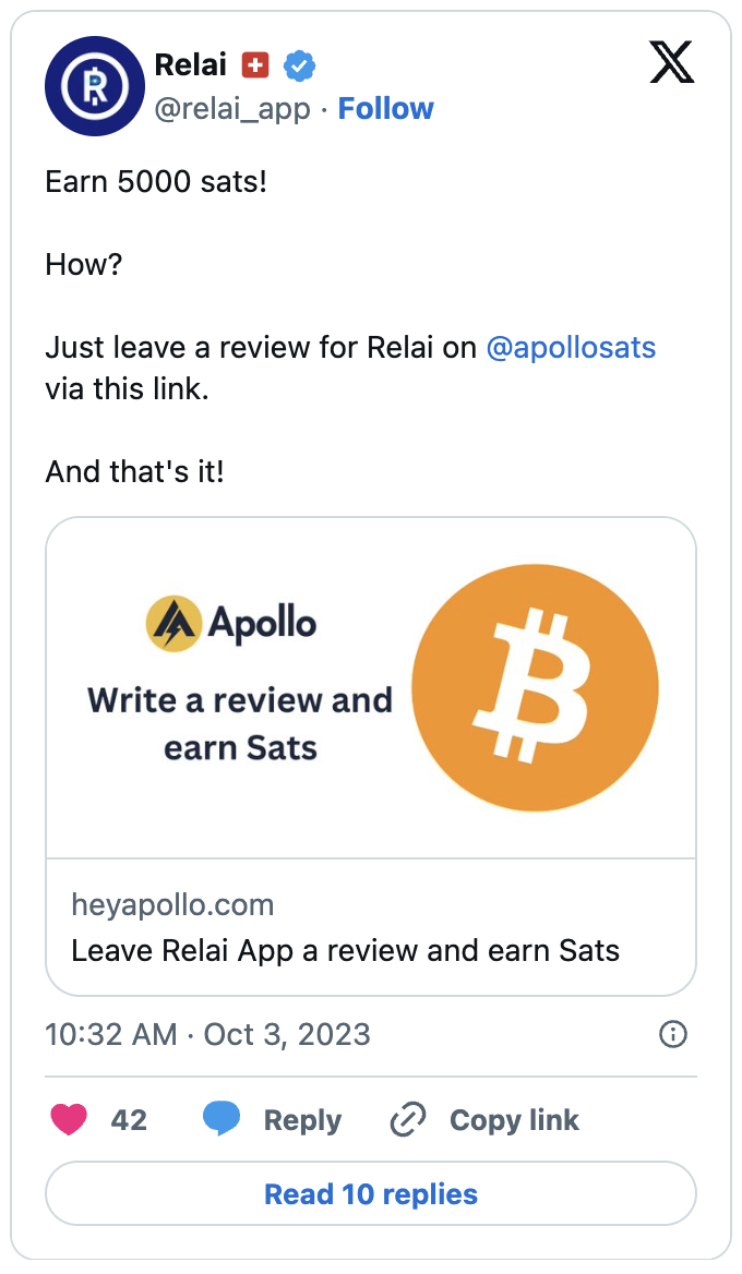 Relai promoting Apollo review campaign